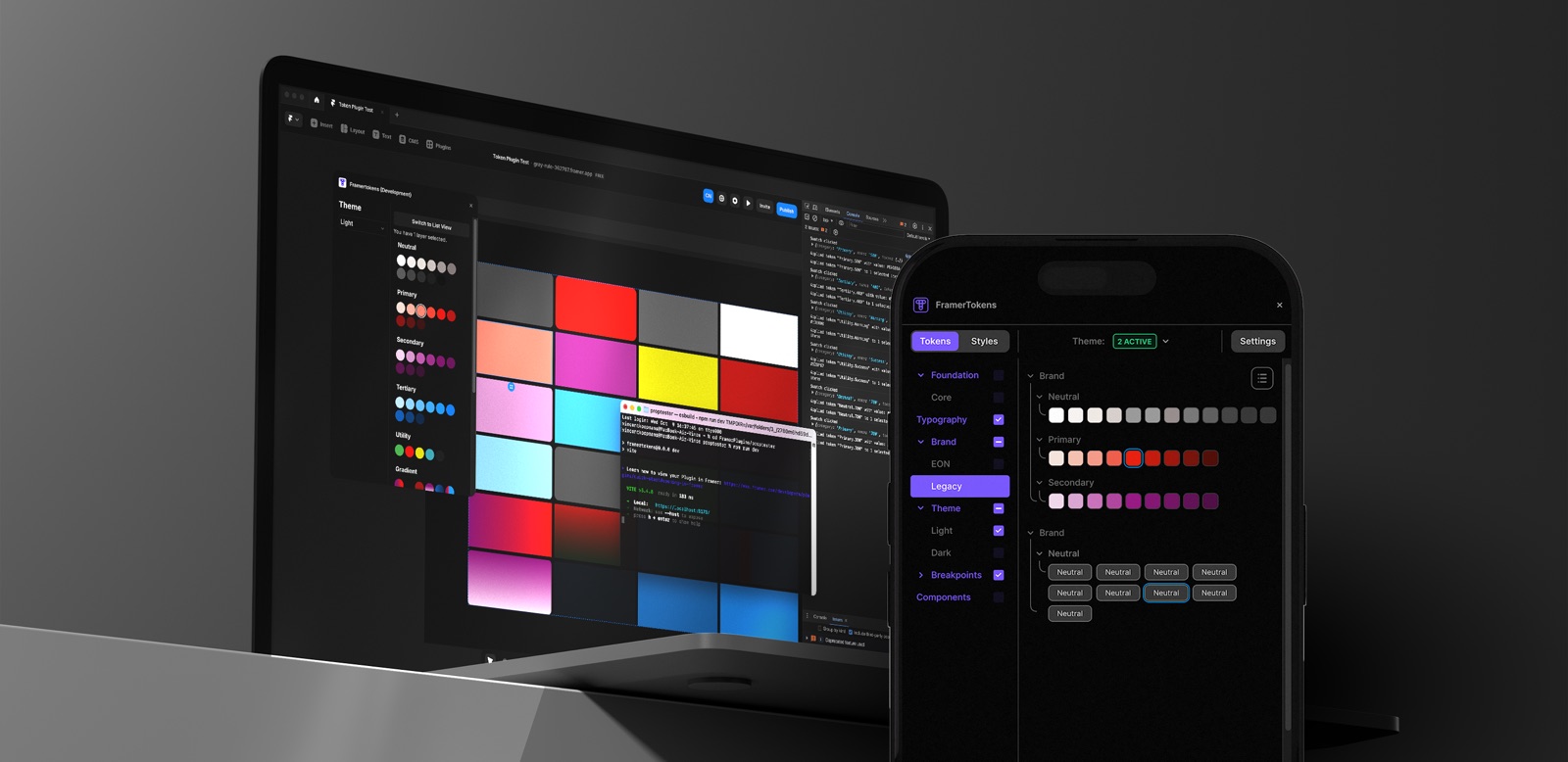 The Framer token sync plugin open in Framer on a laptop and an iPhone, browsing colour token sets.